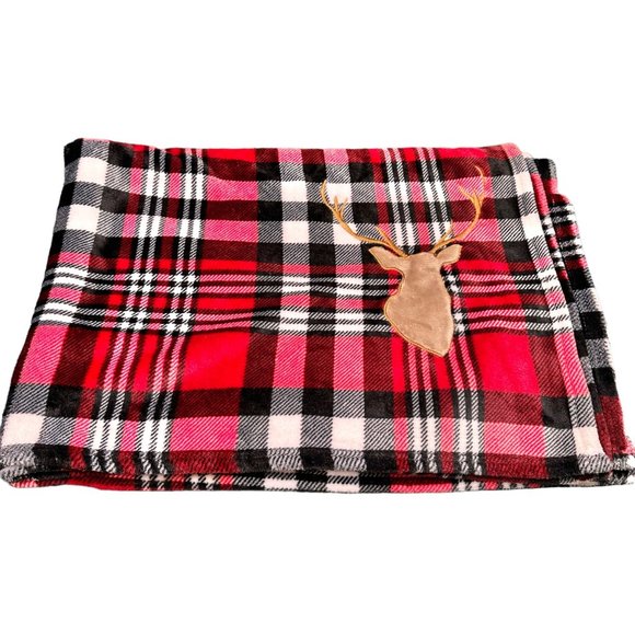 Elle Decor Throw Blanket 72x47 Red Black Plaid Deer Head Embellishment Soft - Picture 1 of 10